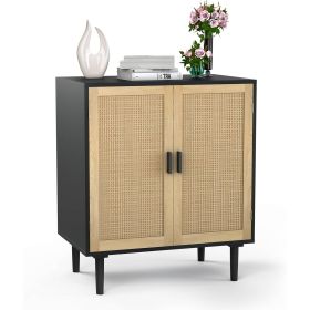 Mid-Century Modern Rattan Sideboard Table Buffet Cabinet in Black Wood Finish