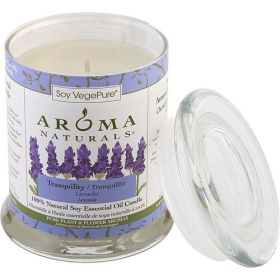 TRANQUILITY AROMATHERAPY by Tranquility Aromatherapy ONE 3.7x4.5 inch MEDIUM GLASS PILLAR SOY AROMATHERAPY CANDLE. THE ESSENTIAL OIL OF LAVENDER IS KN