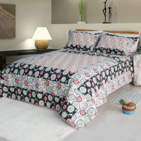 [Alice and Flower] Cotton 3PC Floral Vermicelli-Quilted Patchwork Quilt Set (King Size)