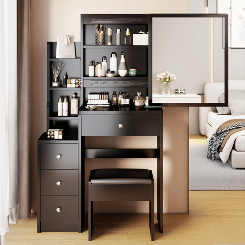 Small Space Left Bedside Cabinet Vanity Table + Cushioned Stool, Extra Large Right sliding mirror, Multi Layer High Capacity Storage Small Space Left Bedside Cabinet Vanity Table + Cushioned Stool, Extra Large Right sliding mirror, Multi Layer High Capacity Storage
