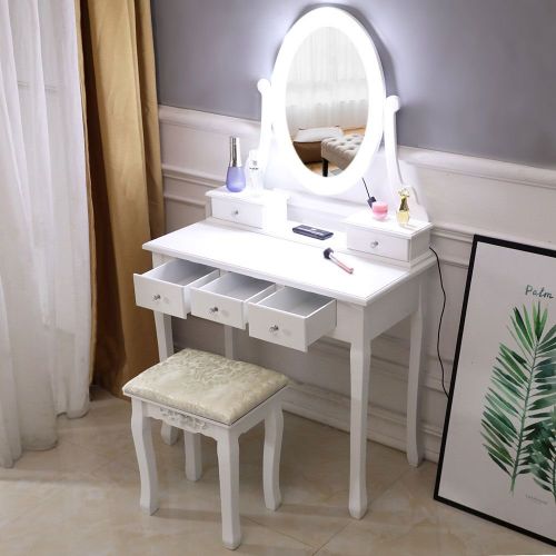 Vanity Table Set with Lighted Mirror, Makeup Dressing Table with 10 LED Lights, Touch Switch, 5 Drawers, Removable Organizer Vanity Table Set with Lighted Mirror, Makeup Dressing Table with 10 LED Lights, Touch Switch, 5 Drawers, Removable Organizer