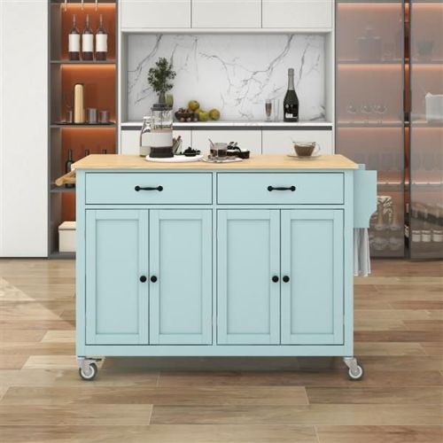 Kitchen Island Cart with 4 Door Cabinet and Two Drawers - Solid Wood Top (Mint Green) Kitchen Island Cart with 4 Door Cabinet and Two Drawers - Solid Wood Top (Mint Green)