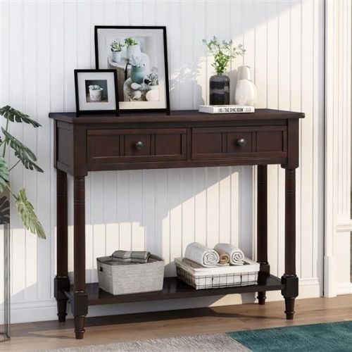 Console Table Traditional Design with Two Drawers and Bottom Shelf (Espresso) Console Table Traditional Design with Two Drawers and Bottom Shelf (Espresso)