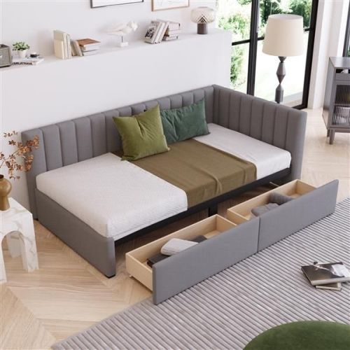 Upholstered Daybed with 2 Storage Drawers Twin Size Sofa Bed Frame, Linen Fabric (Gray) Upholstered Daybed with 2 Storage Drawers Twin Size Sofa Bed Frame, Linen Fabric (Gray)