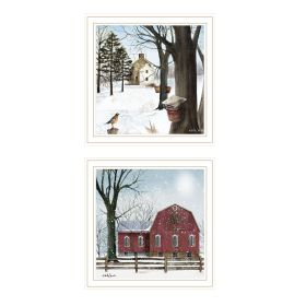 Trendy Decor 4U 2- Piece Vignette A Little Snow, Waiting for Spring White Framed Wall Art for Living Room