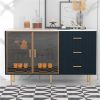 Modern Sideboard MDF Buffet Cabinet Marble Sticker Tabletop and Amber-yellow Tempered Glass Doors with Gold Metal Legs & Handles (Navy Blue)