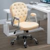 PU Leather Home Office Chair, Button Tufted Desk Chair with Padded Armrests, Adjustable Height and Swivel Wheels, Beige