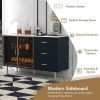 Modern Sideboard MDF Buffet Cabinet Marble Sticker Tabletop and Amber-yellow Tempered Glass Doors with Gold Metal Legs & Handles (Navy Blue)