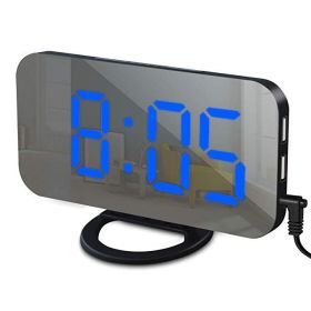 Digital LED Alarm Clock Mirror 2 USB Charger Ports Night Light LED Table Clock Snooze Function Adjustable Brightness Desk Clocks (Ships From: China, Color: Black-Blue)